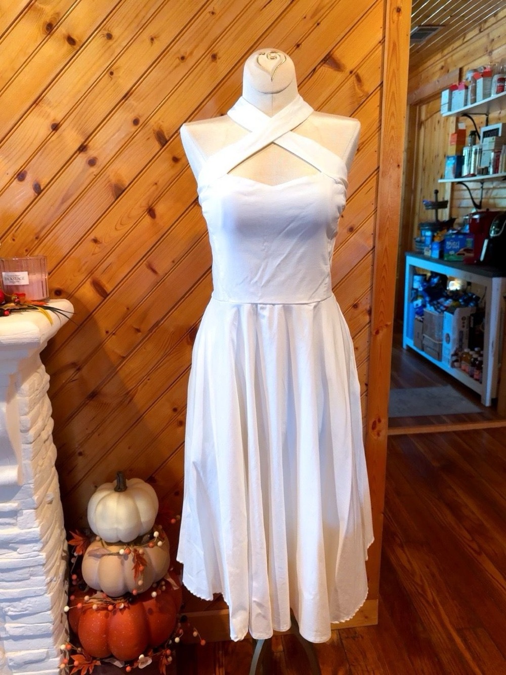 Unique Vintage White Cross Neck Fit & Flare Dress Pockets L NWOT